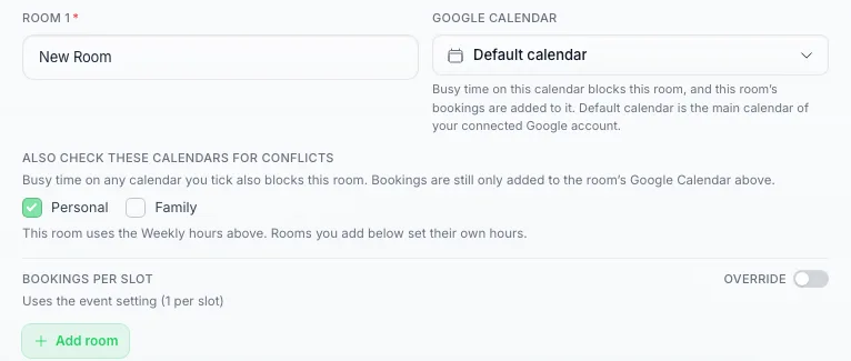 A room card in the event type form: the Google Calendar picker on Default calendar, and under it Also check these calendars for conflicts with Personal ticked and Family unticked